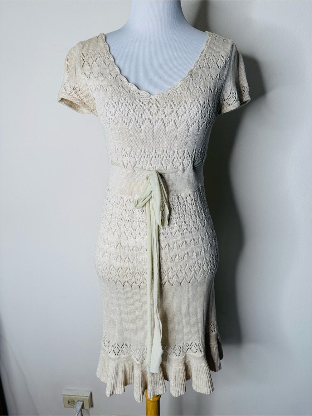 Tan Metallic Thread Bohemian Prairie Crochet Ruffle Mini Dress